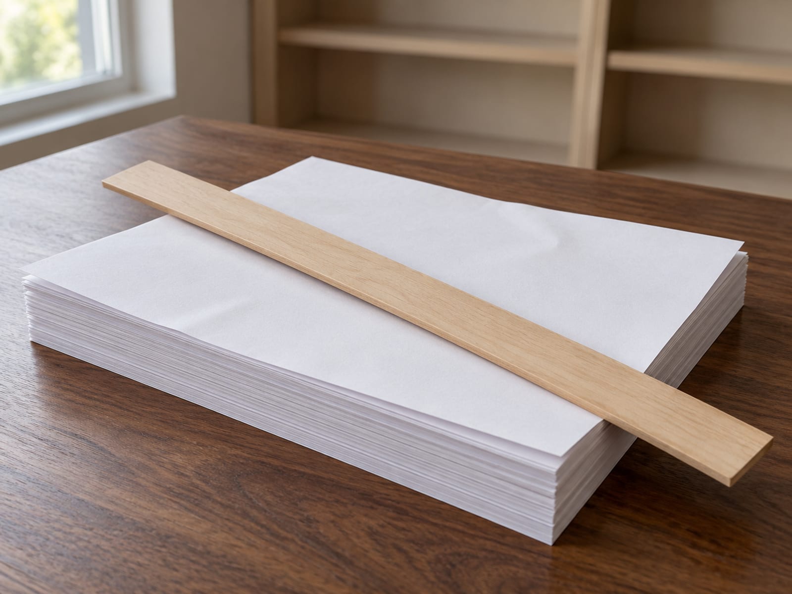 A neat stack of blank white paper pages on a wooden desk with a plain wooden ruler lying across the top