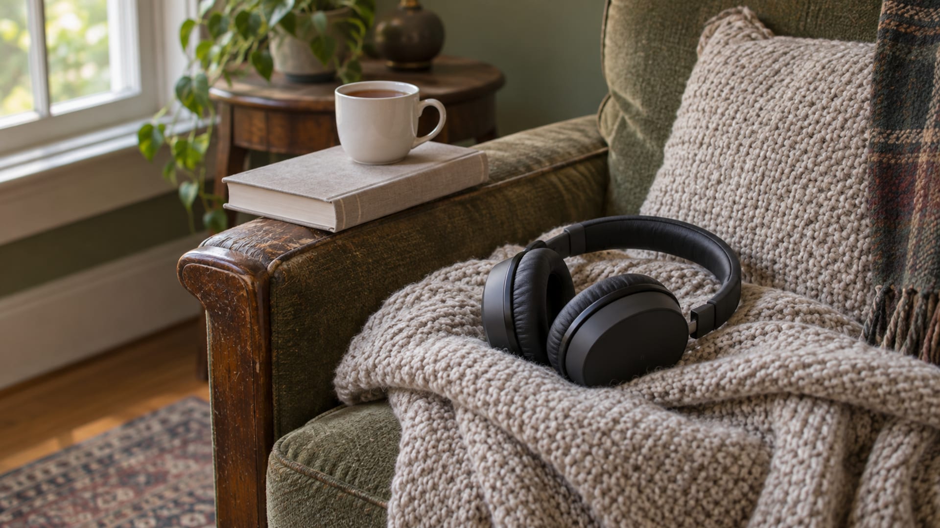 Over-ear headphones resting on a folded knitted blanket on an armchair, beside a cup of tea and a plain closed book.
