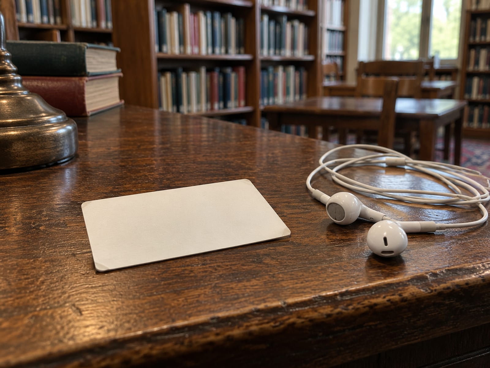 A blank library card-sized card and a pair of earbuds lying on a wooden library desk with shelves behind.