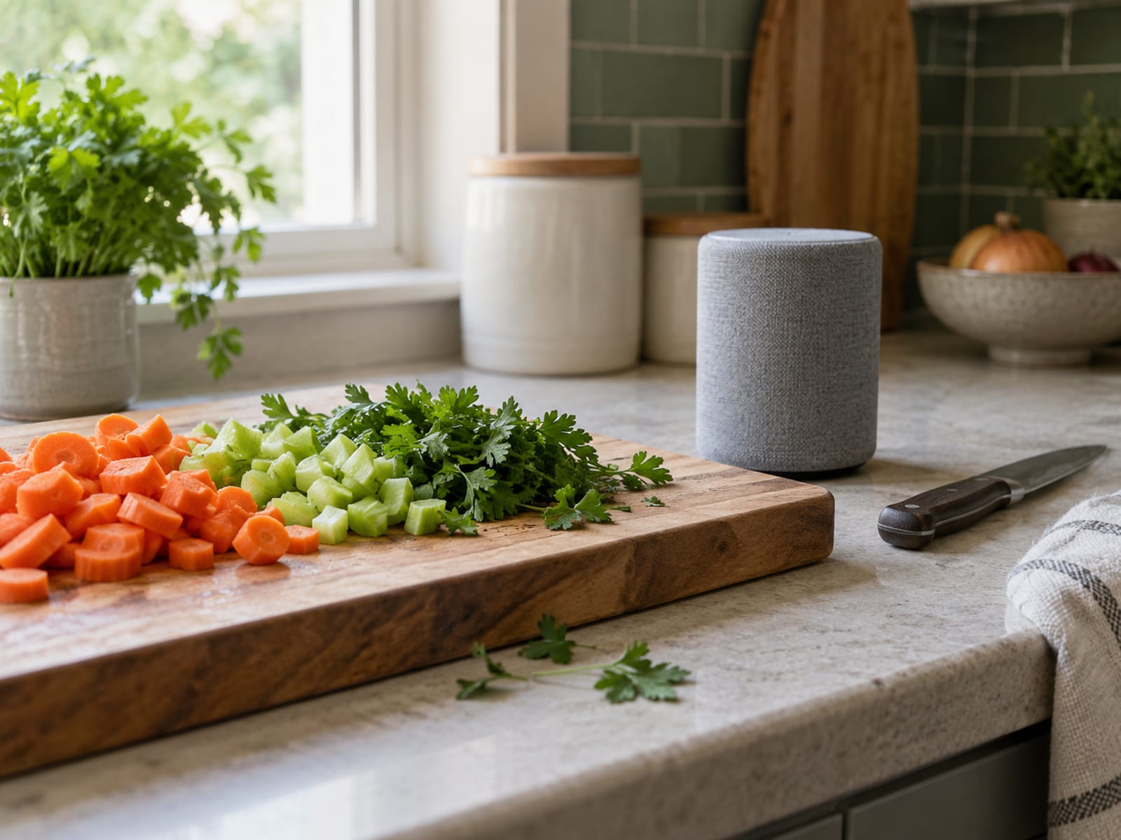 A kitchen counter with chopped vegetables on a wooden cutting board and a small plain speaker beside them.