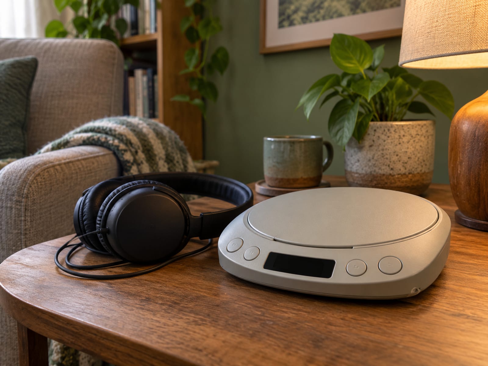 A compact CD player with large buttons and a pair of headphones on a side table beside a lit reading lamp.