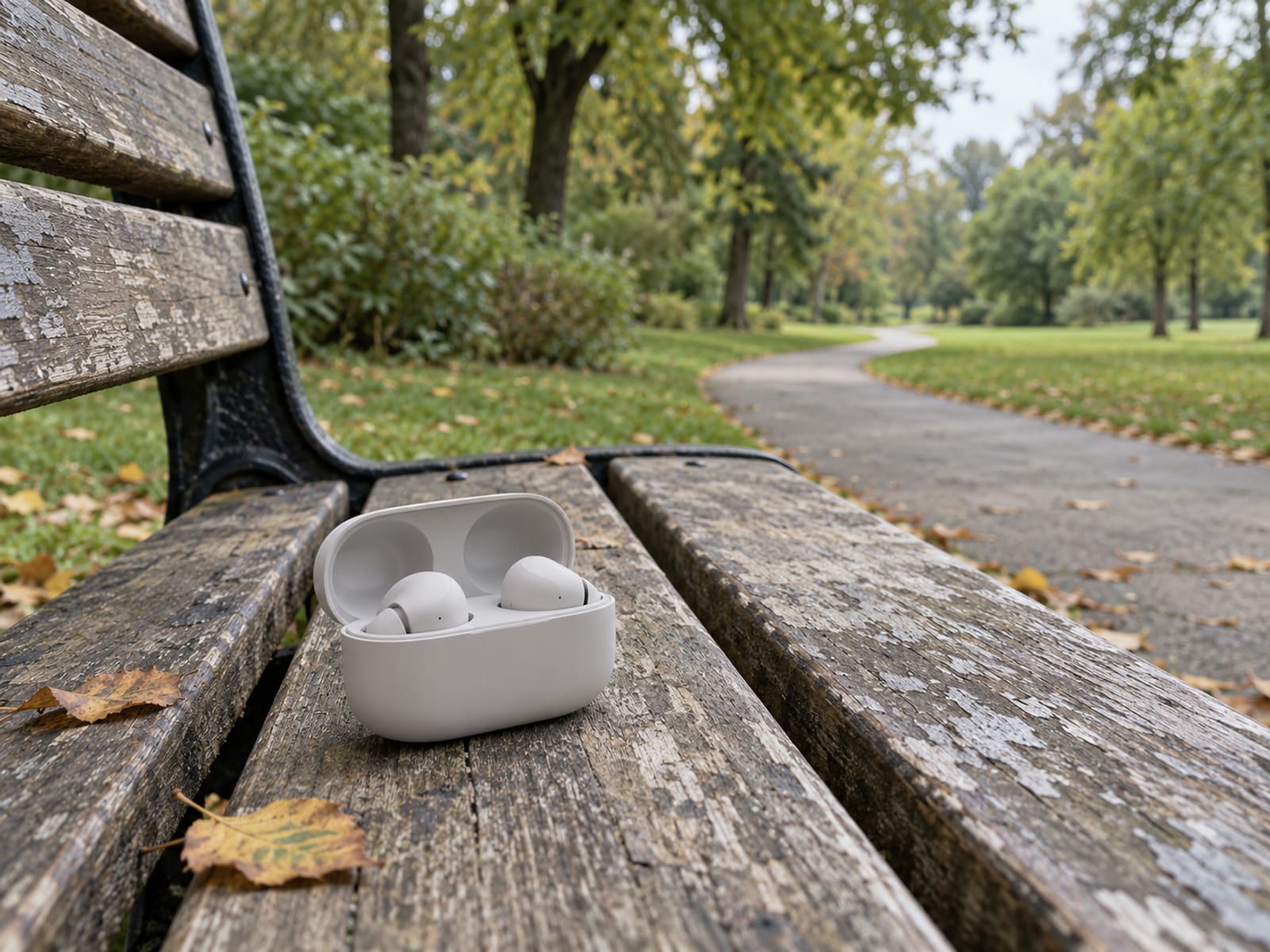 A short paved walking path through a park with a wooden bench, and wireless earbuds in their open charging case resting on the bench.