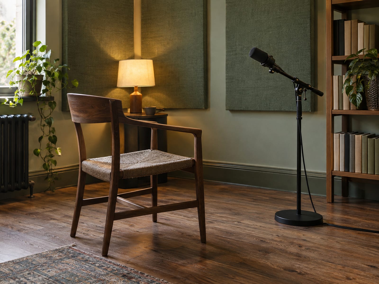 An empty wooden chair faces a microphone on a stand in a small recording room with a lamp switched on.