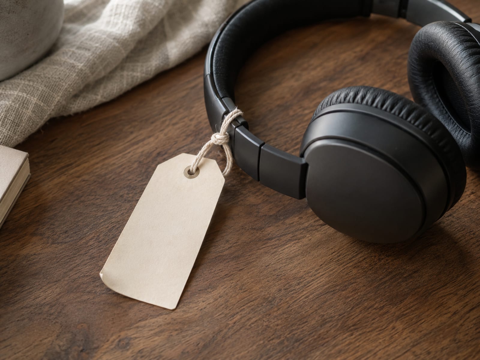 A blank paper luggage tag tied to the headband of a pair of plain headphones lying on a wooden table.