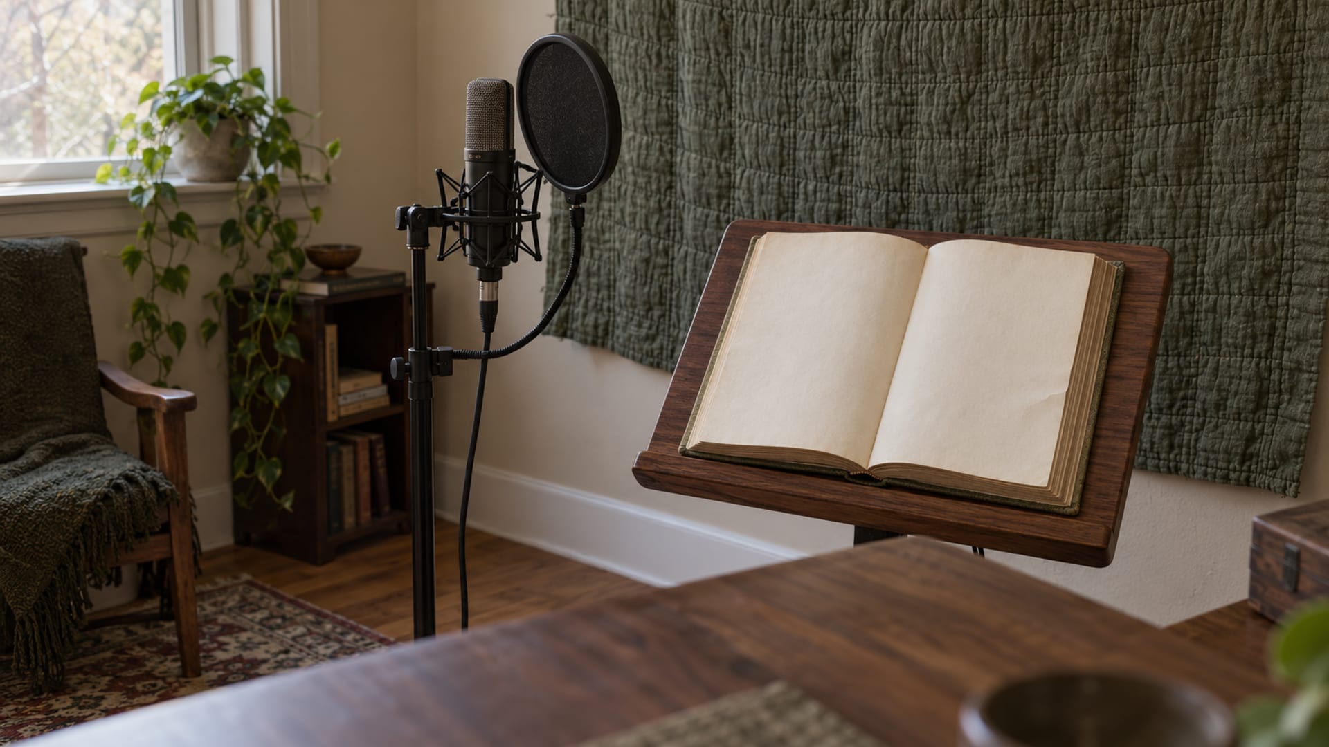 A simple microphone on a stand in a corner of a room, with a quilted blanket hung on the wall behind it and an old plain cloth hardback open on a wooden book stand.