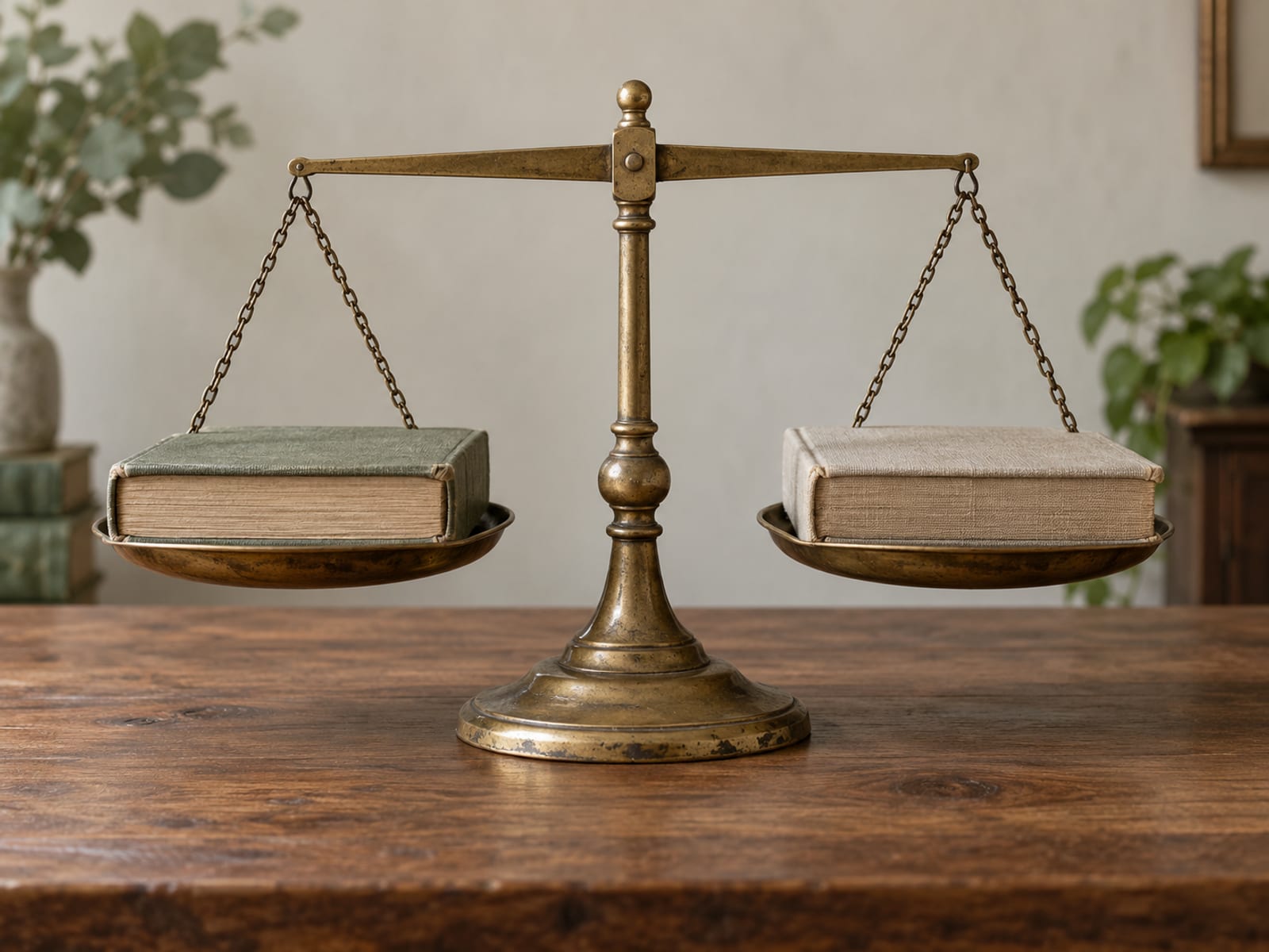 A brass balance scale with a plain unmarked book resting on each pan and the beam level.
