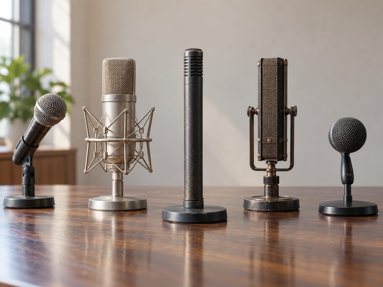 Five different plain microphones lined up in a row on a long wooden table, each of a different shape and size.