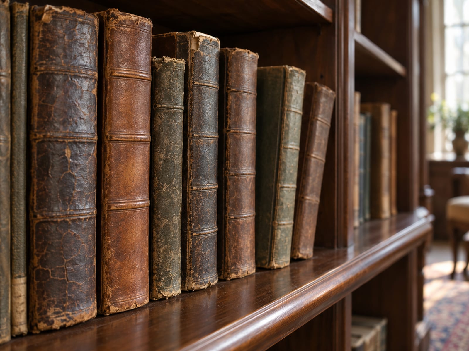 Several very old plain leather-bound books standing in a row on a wooden library shelf, their spines worn and unlettered.
