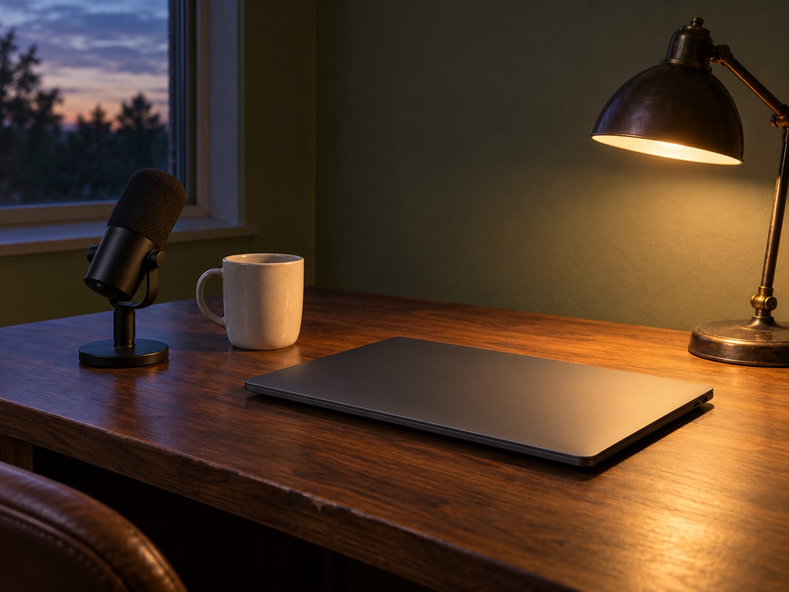 A tidy wooden desk with a microphone on a short stand, a closed laptop with no logo, a ceramic mug and a lit desk lamp in the evening.