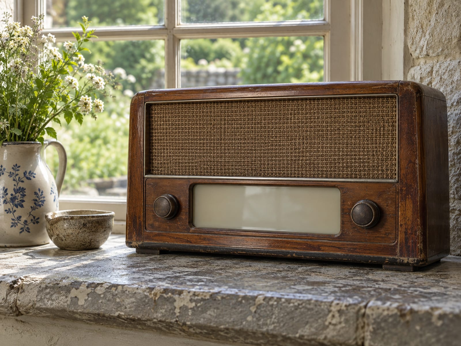 A vintage valve radio with a blank dial standing on a cottage windowsill