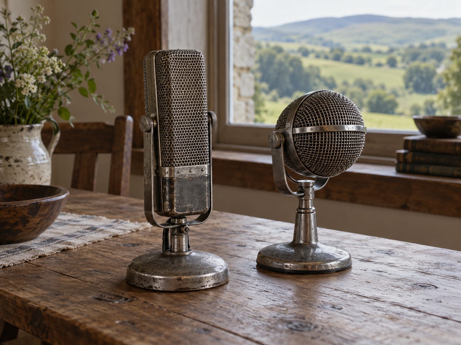 Two different vintage microphones on a wooden table in front of a window looking out over rolling green hills