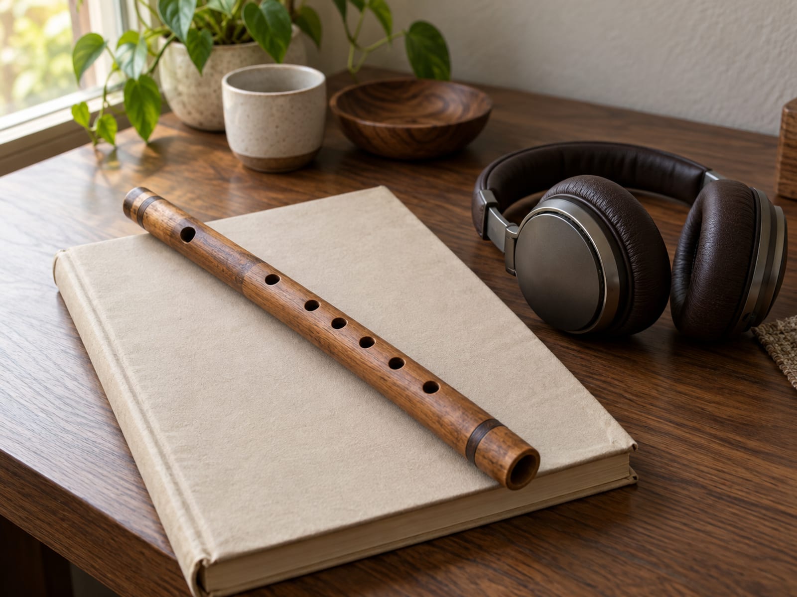A small wooden flute resting on a closed plain manuscript beside a pair of headphones