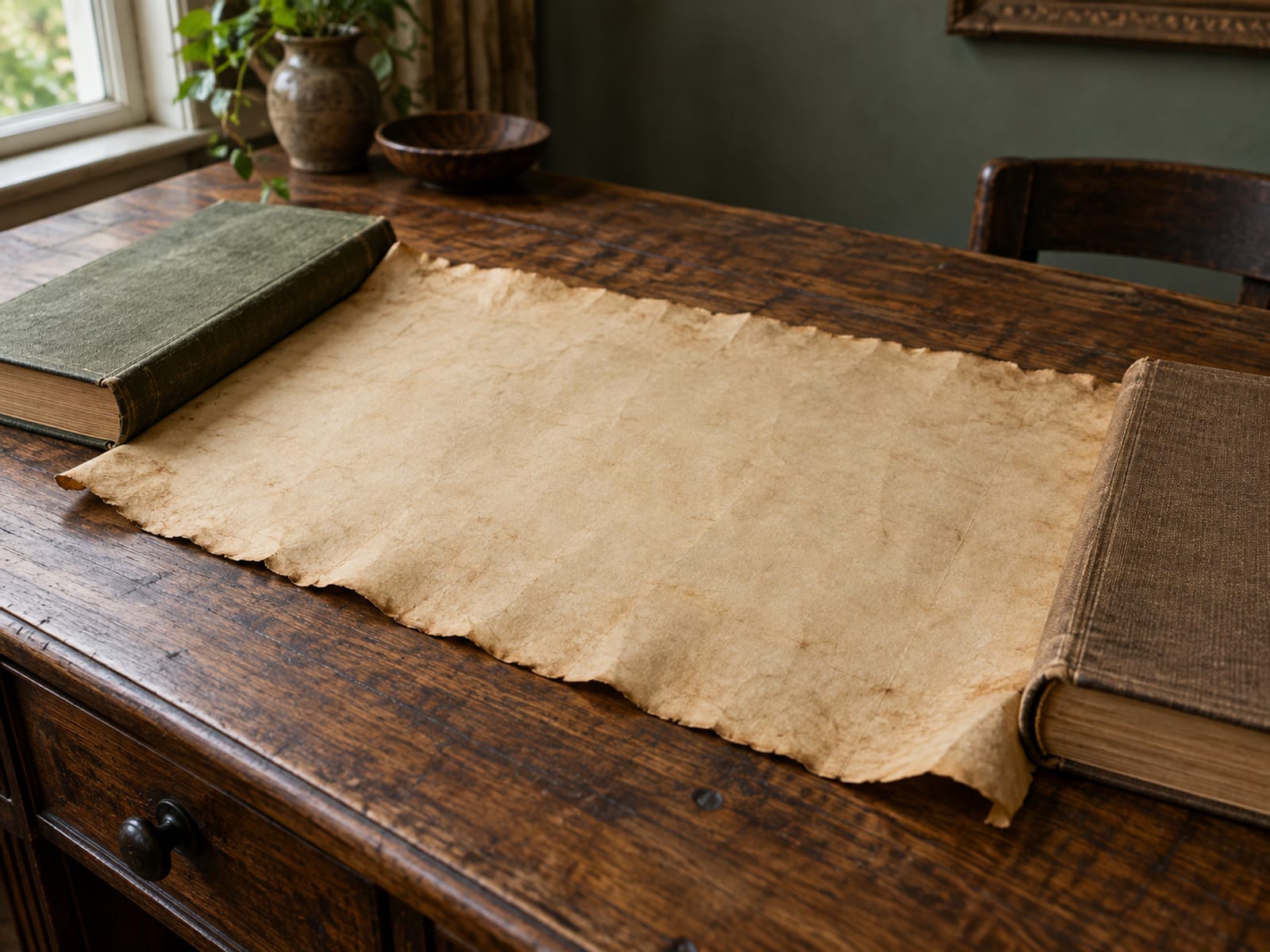 An old blank parchment unrolled on a desk and held flat by two plain books at its edges
