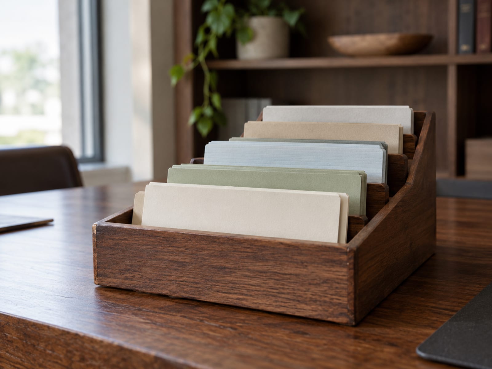 A wooden filing tray holding several blank cards in different colours, separated by dividers