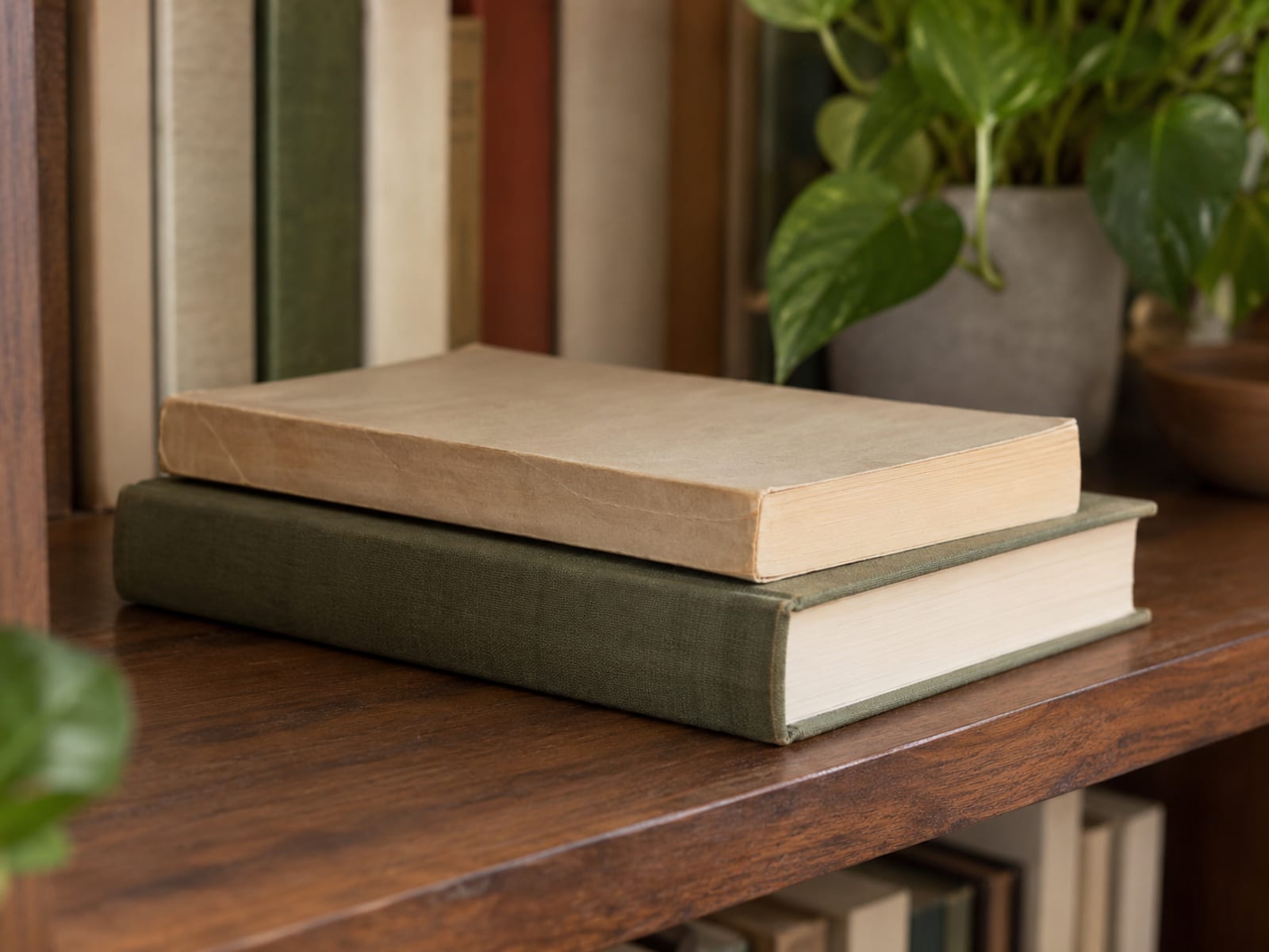 A worn plain paperback with a softened spine resting on top of a same-size plain hardback on a wooden shelf