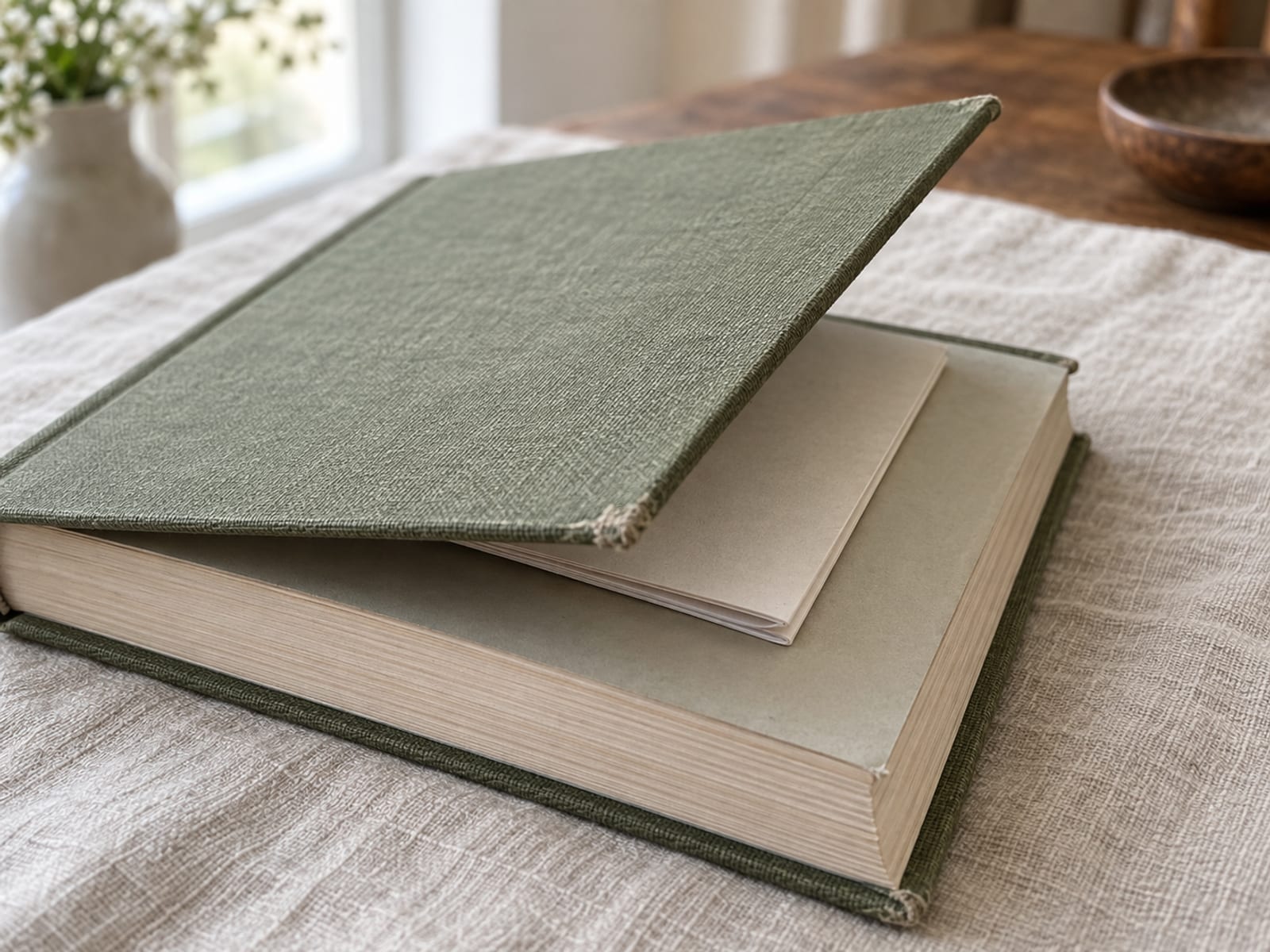 A plain cloth hardback on a linen surface with a small unmarked booklet tucked inside its front cover