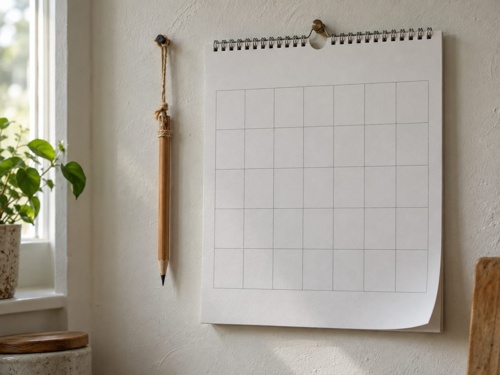 A wall calendar page with an empty grid and no printed numbers, with a pencil hanging on a string beside it