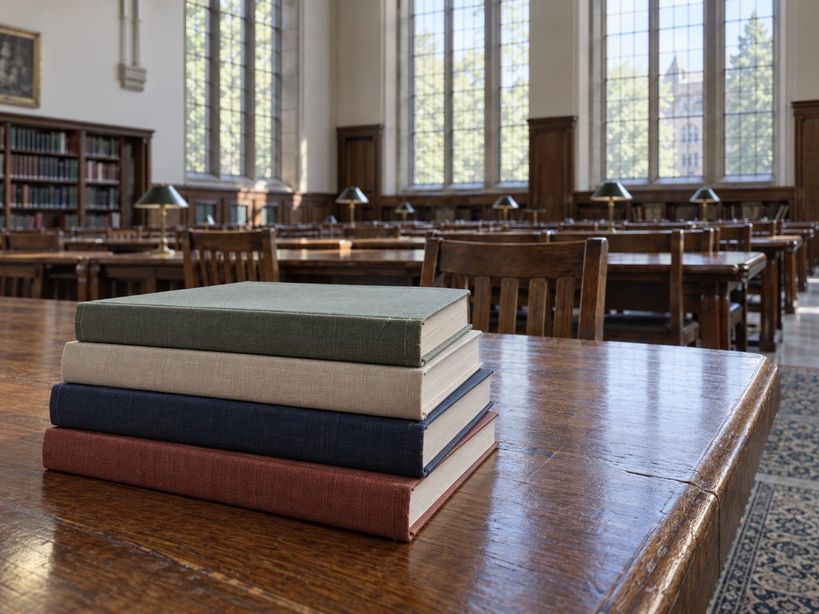 A quiet university reading room with empty wooden desks and plain unlettered books stacked neatly in soft daylight