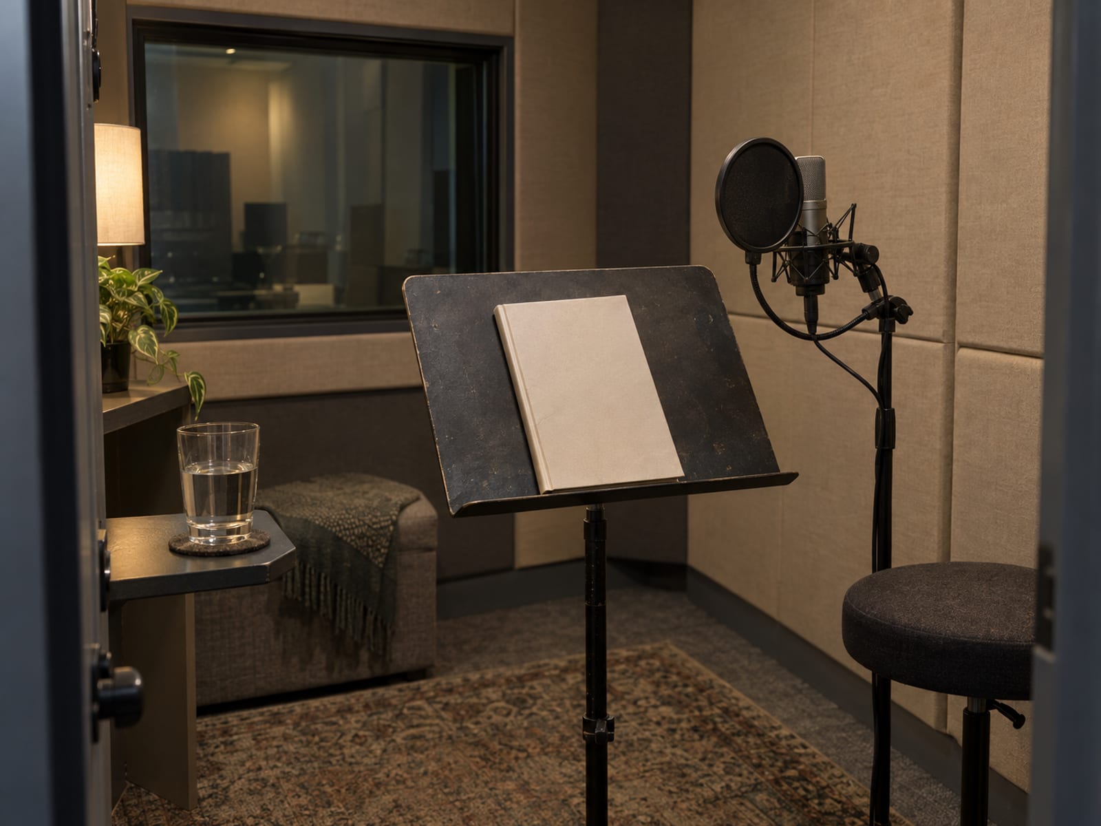An empty recording booth with a glass of water and a closed plain script on a music stand beside a microphone