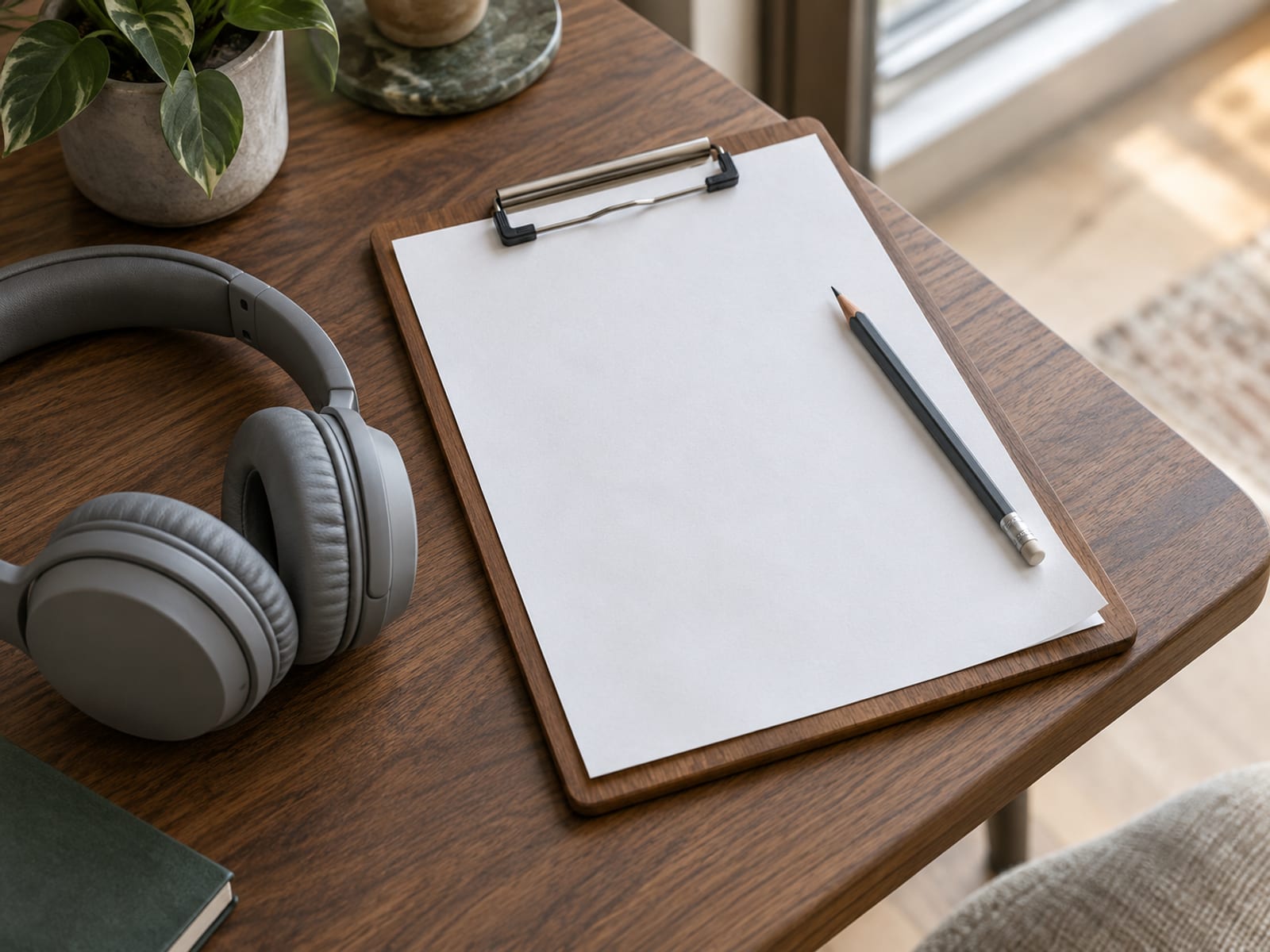 A clipboard holding a blank sheet of paper with a pencil lying across it, next to a pair of plain unbranded headphones on a desk