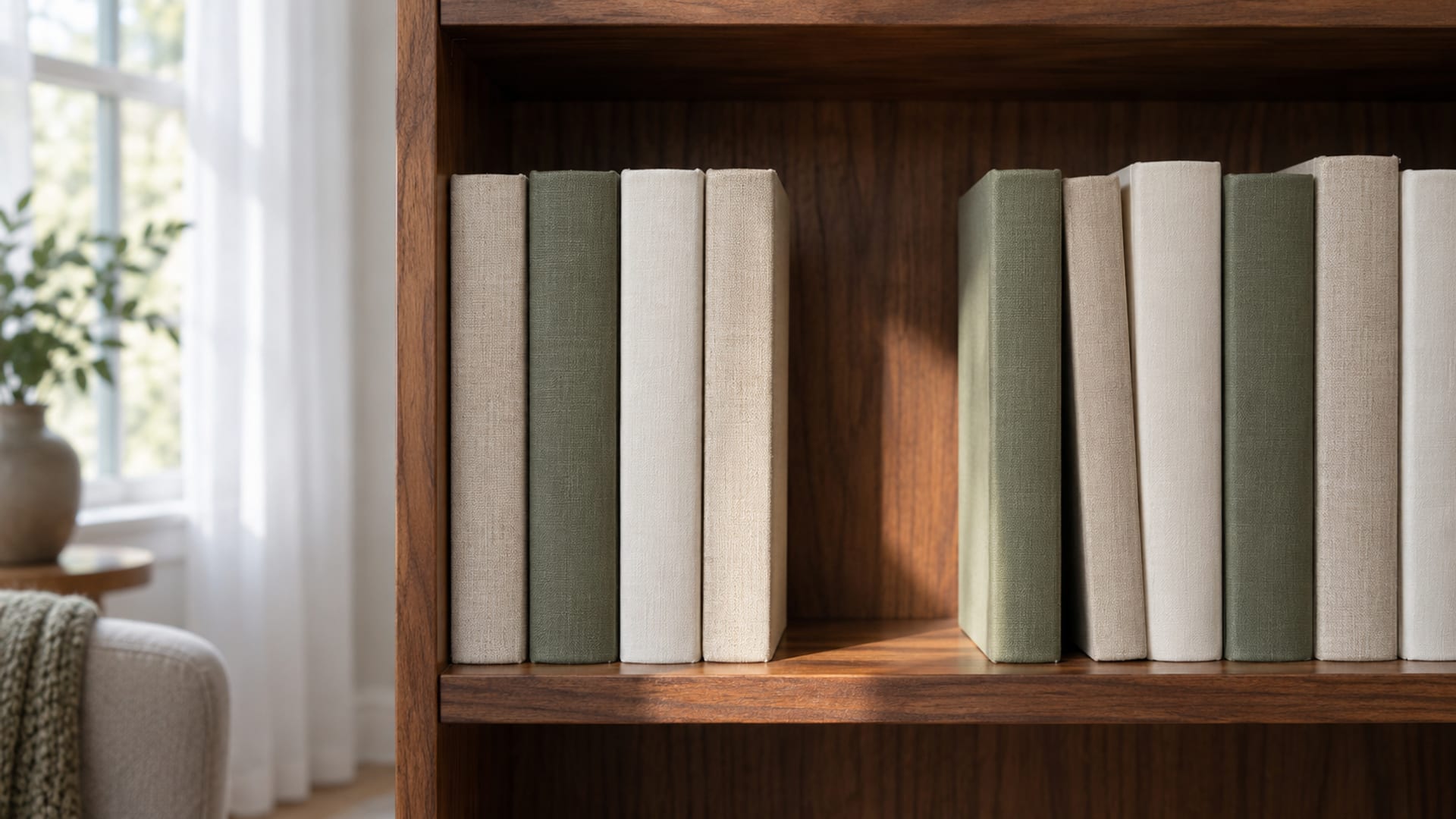 A neat wooden bookshelf of books with plain unlettered spines, with one empty gap in the row lit by soft daylight