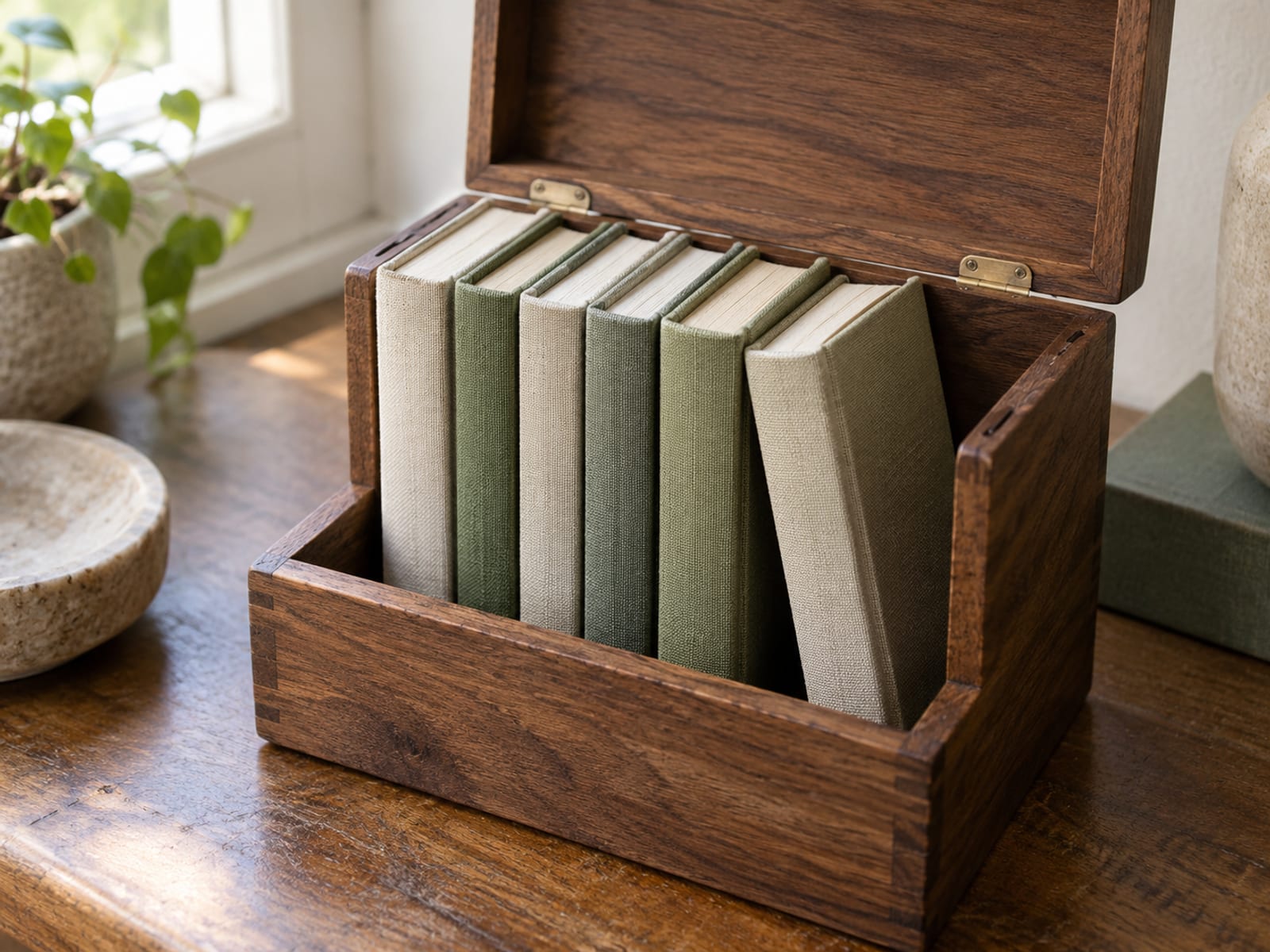 A small wooden storage box with its lid open, holding a neat row of tiny books with plain blank covers