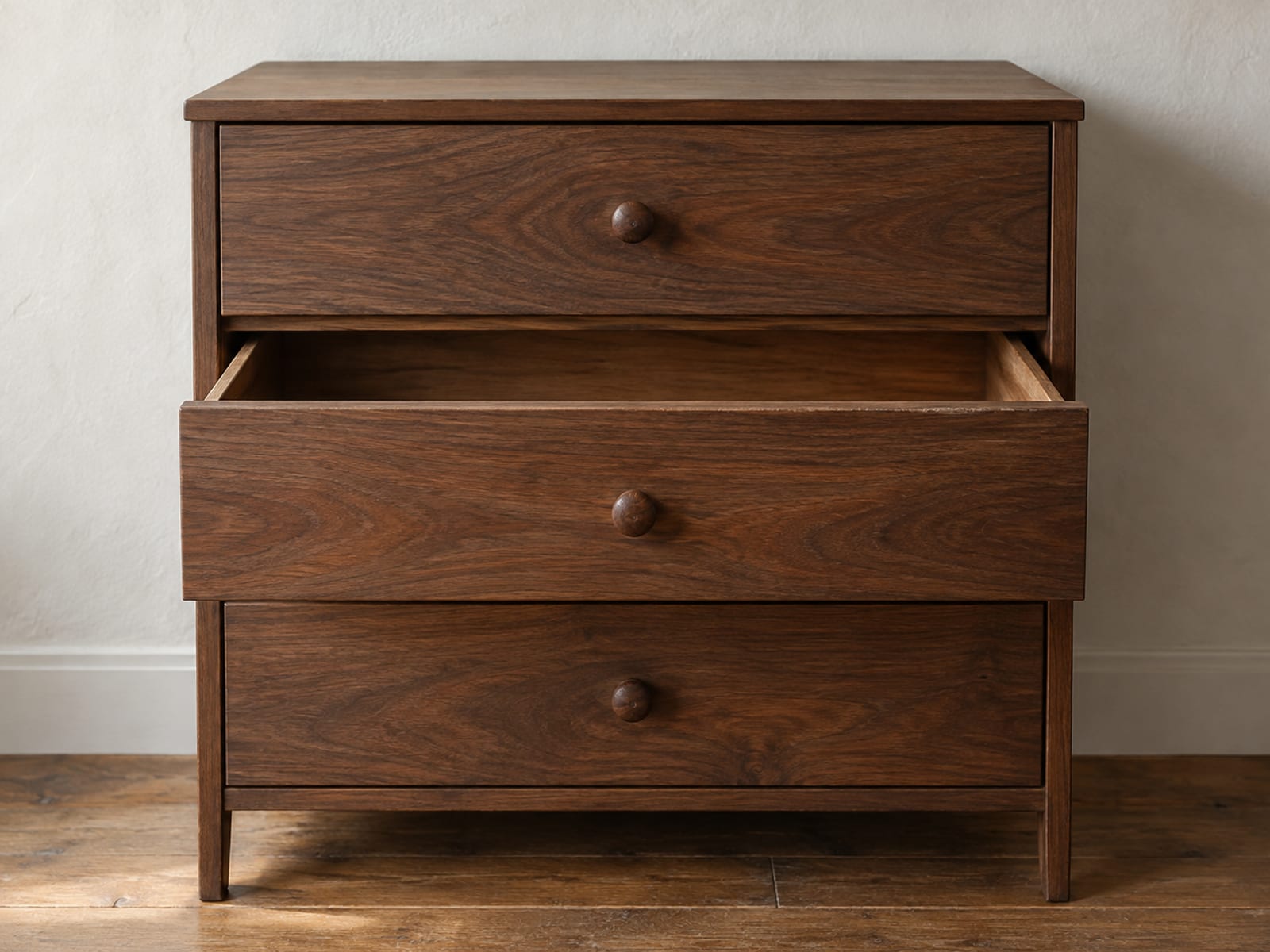 A wooden cabinet with three drawers, the middle drawer pulled slightly open and empty, the other two closed