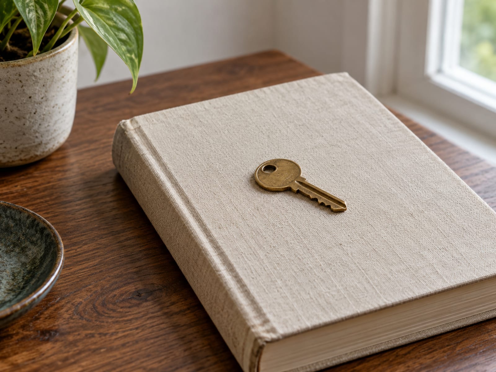 A small brass key resting on top of a closed hardback with a plain blank cloth cover on a wooden desk