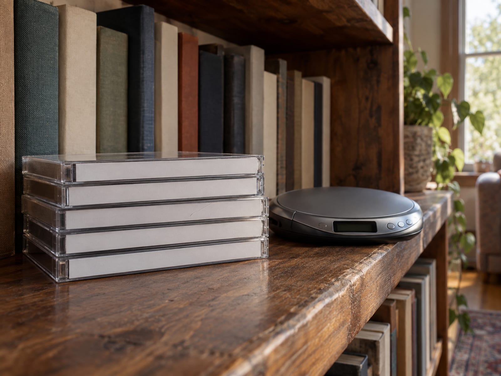 A neat stack of blank unlabelled audiobook CD cases beside a slim portable CD player on a bookshelf ledge