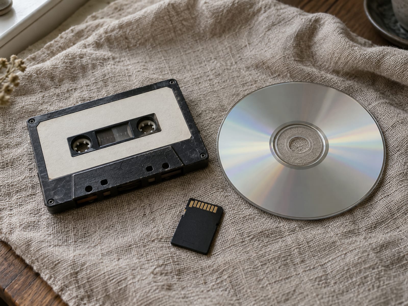 An old cassette tape, a compact disc and a small memory card arranged on a linen cloth in soft morning light