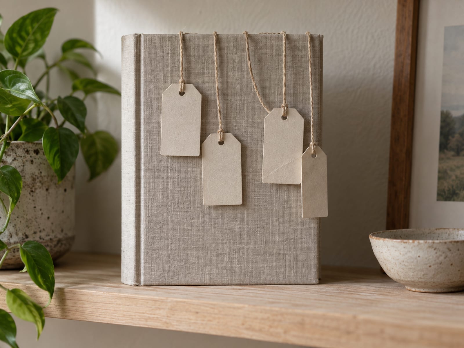 A single plain cloth-bound book standing upright behind four small blank paper tags hanging from strings at slightly different lengths