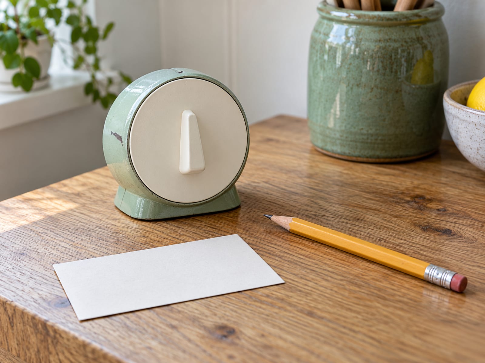 A kitchen timer with a blank face, a pencil and a small blank index card on an oak table