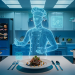 Futuristic kitchen with AI-powered appliances preparing a gourmet meal