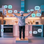 Voice-controlled kitchen appliances orchestrating a futuristic cooking scene