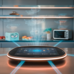 A futuristic smart kitchen hub surrounded by bewildered kitchen appliances